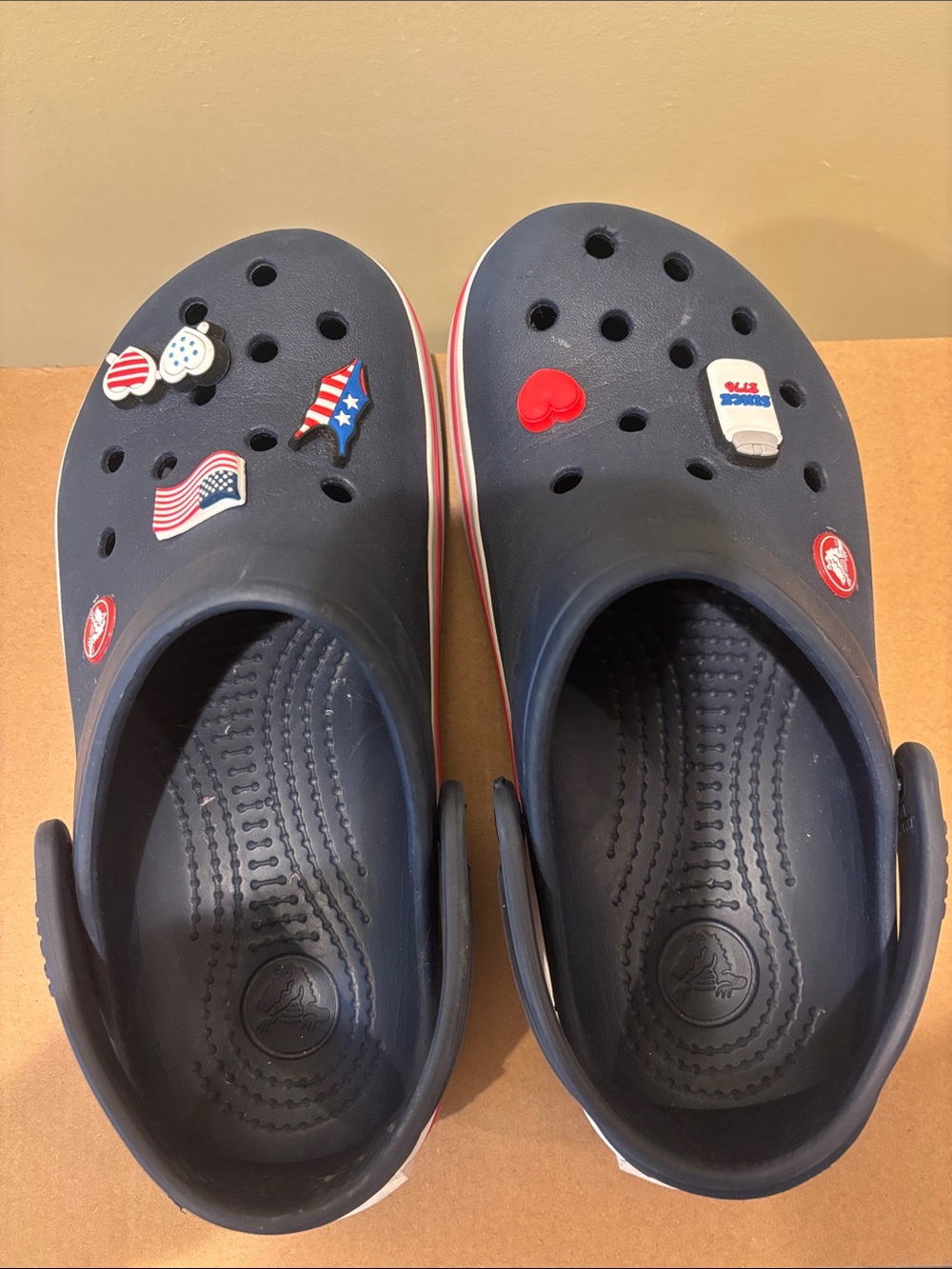 Kids Navy Slip-On Clogs with Patriotic Charms gently used